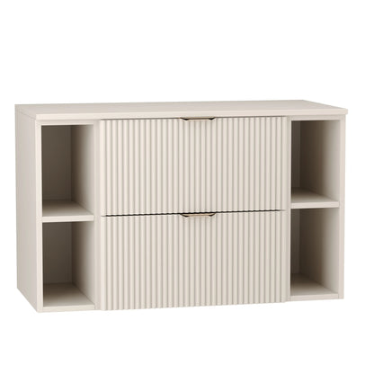 Waschtischunterschrank Willy 100 cm komplett in Kaschmir mit geriffelten Fronten, zwei seitlichen Regalen, goldenen Griffen und passender Arbeitsplatte.