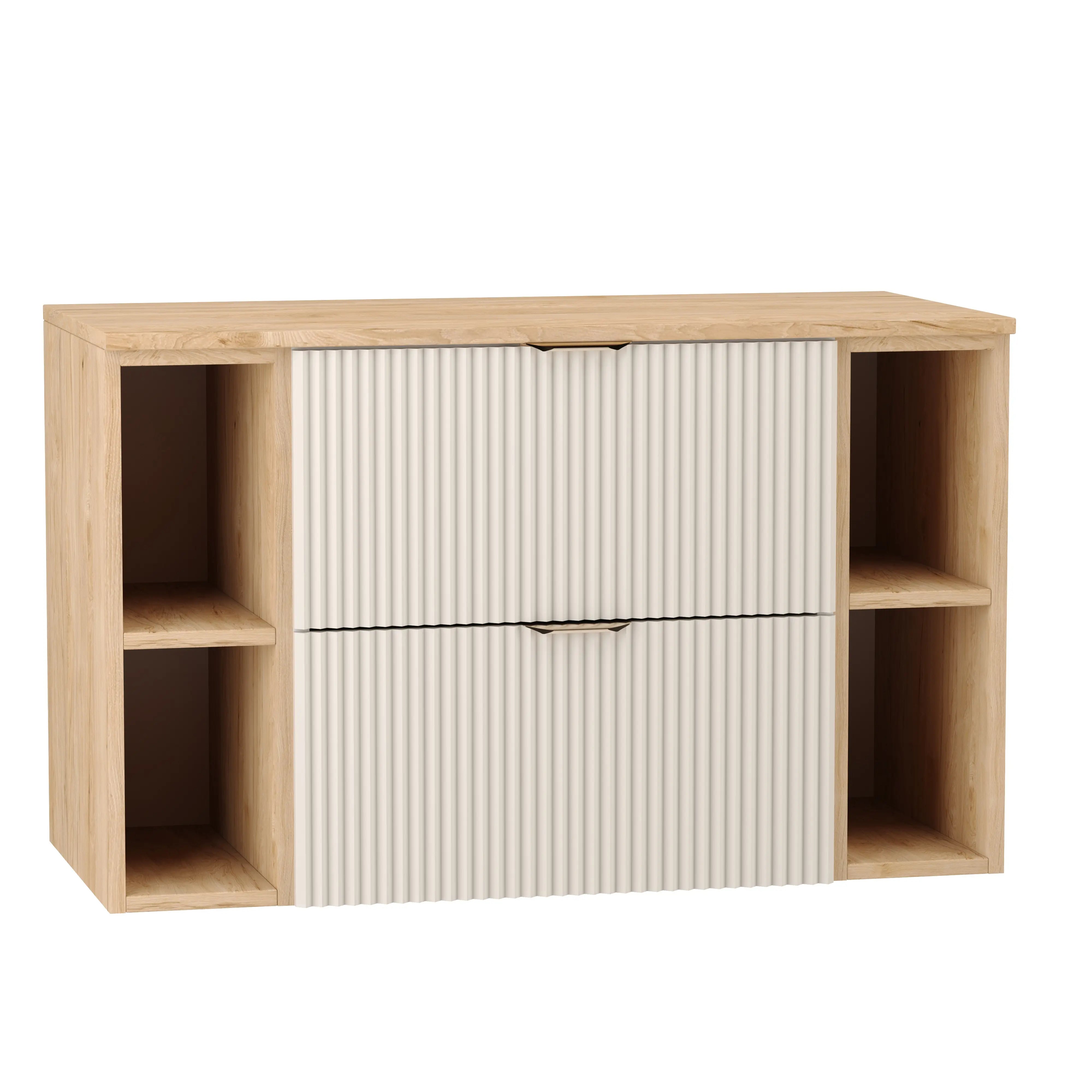 Waschtischunterschrank Willy 100 cm mit geriffelten Kaschmir-Fronten, Walnuss-Regalen und Platte, goldenen Griffen – modernes Design fürs Badezimmer.