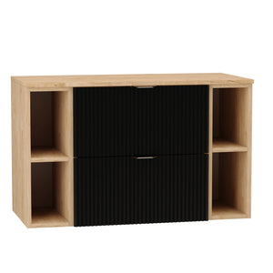 Dulap pentru lavoar Willy 100 cm Negru/Nuc cu fronturi riflate, blat și etajere în Nuc și mânere aurii, ideal pentru băi moderne și elegante.