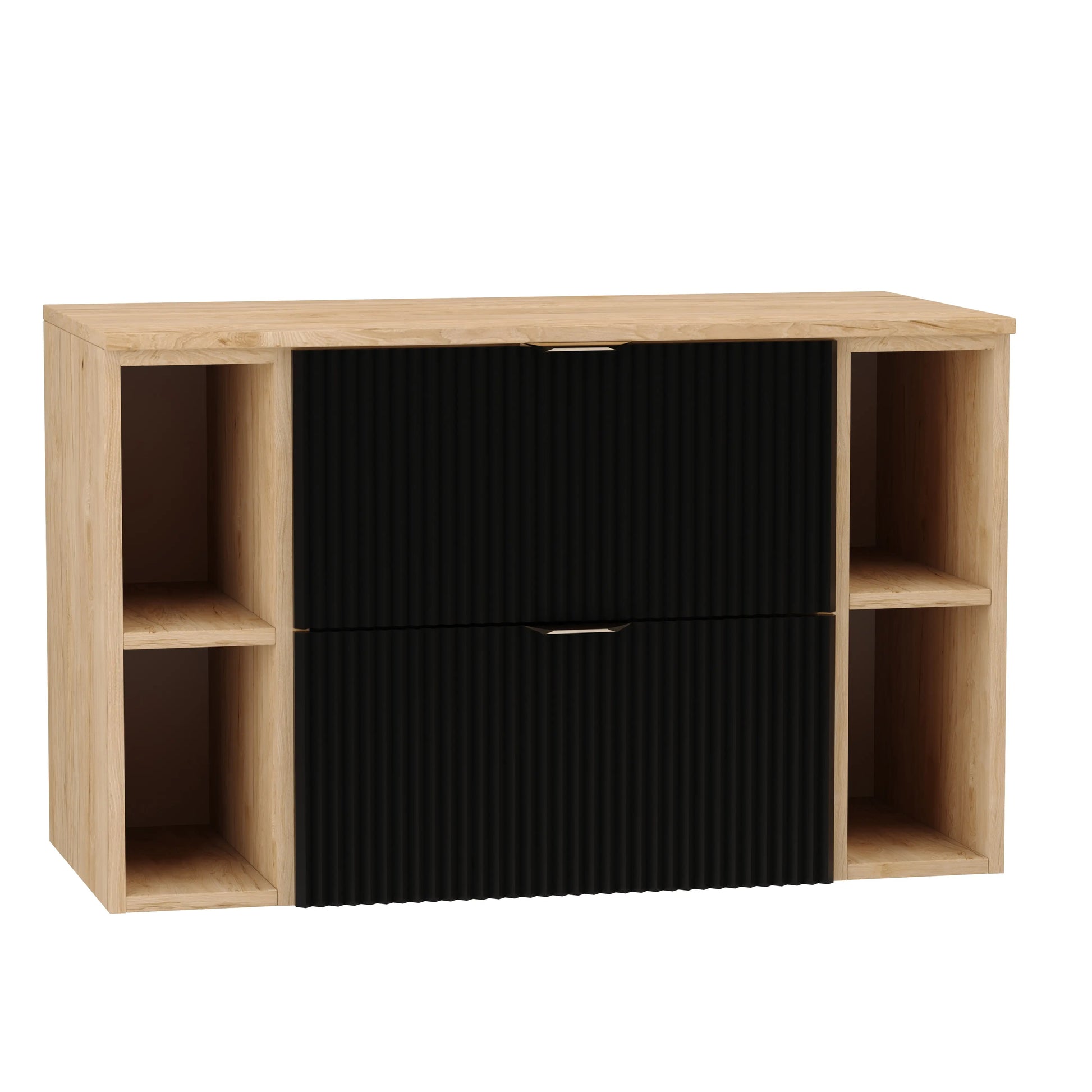 Dulap pentru lavoar Willy 100 cm Negru/Nuc cu fronturi riflate, blat și etajere în Nuc și mânere aurii, ideal pentru băi moderne și elegante.