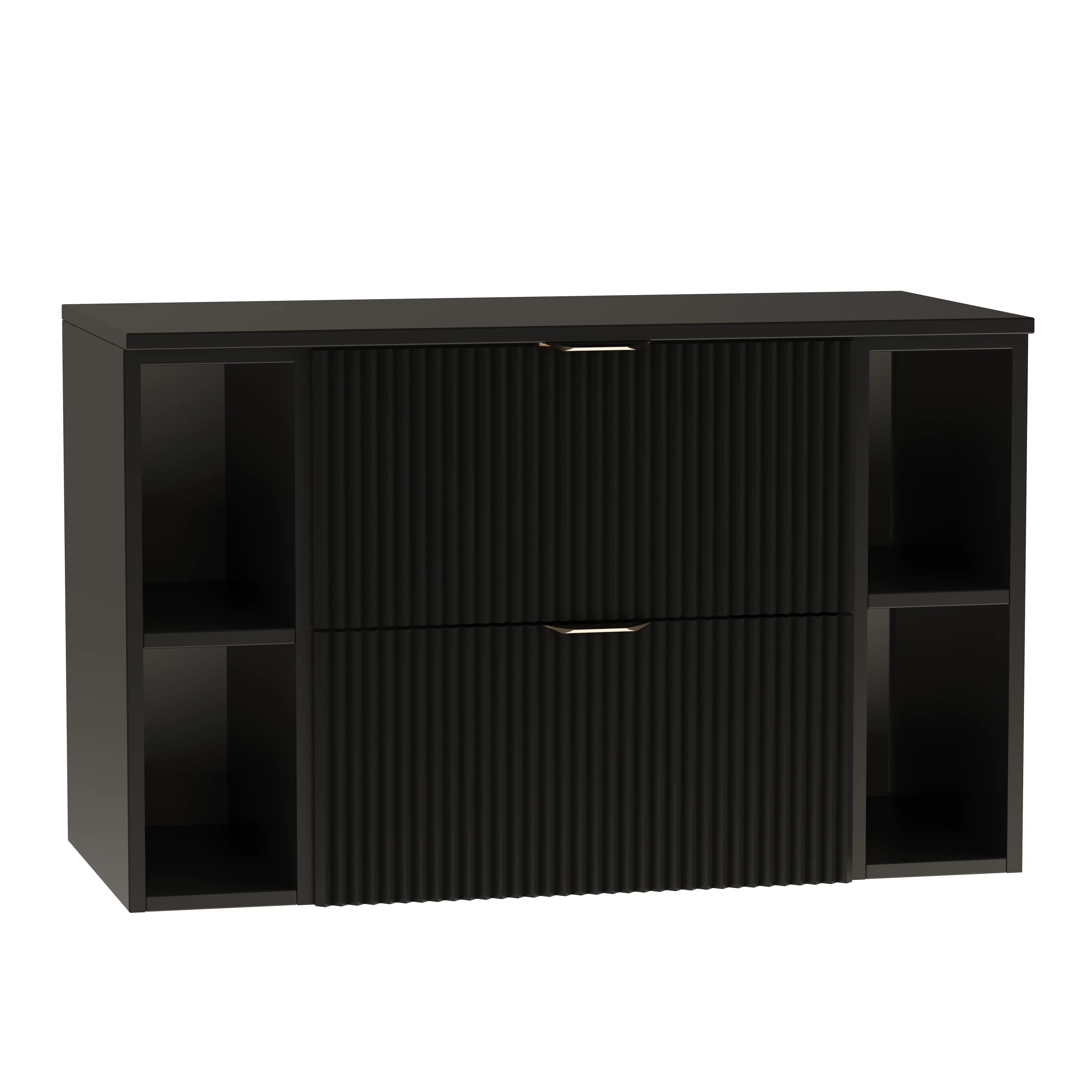 Dulap pentru lavoar Willy 100 cm complet Negru, cu fronturi riflate, blat și rafturi negre și mânere aurii elegante.