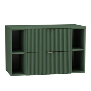 Dulap pentru lavoar Willy 100 cm Verde Salvie, cu fronturi riflate, blat și etajere în verde, 2 sertare SOFT-CLOSE și mânere aurii elegante.