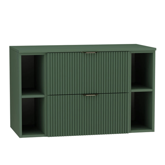 Dulap pentru lavoar Willy 100 cm Verde Salvie, cu fronturi riflate, blat și etajere în verde, 2 sertare SOFT-CLOSE și mânere aurii elegante.