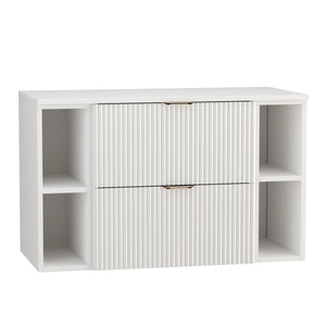 Dulap pentru lavoar Willy 100 cm complet alb, cu fronturi riflate, 2 sertare SOFT-CLOSE și mânere metalice aurii elegante.