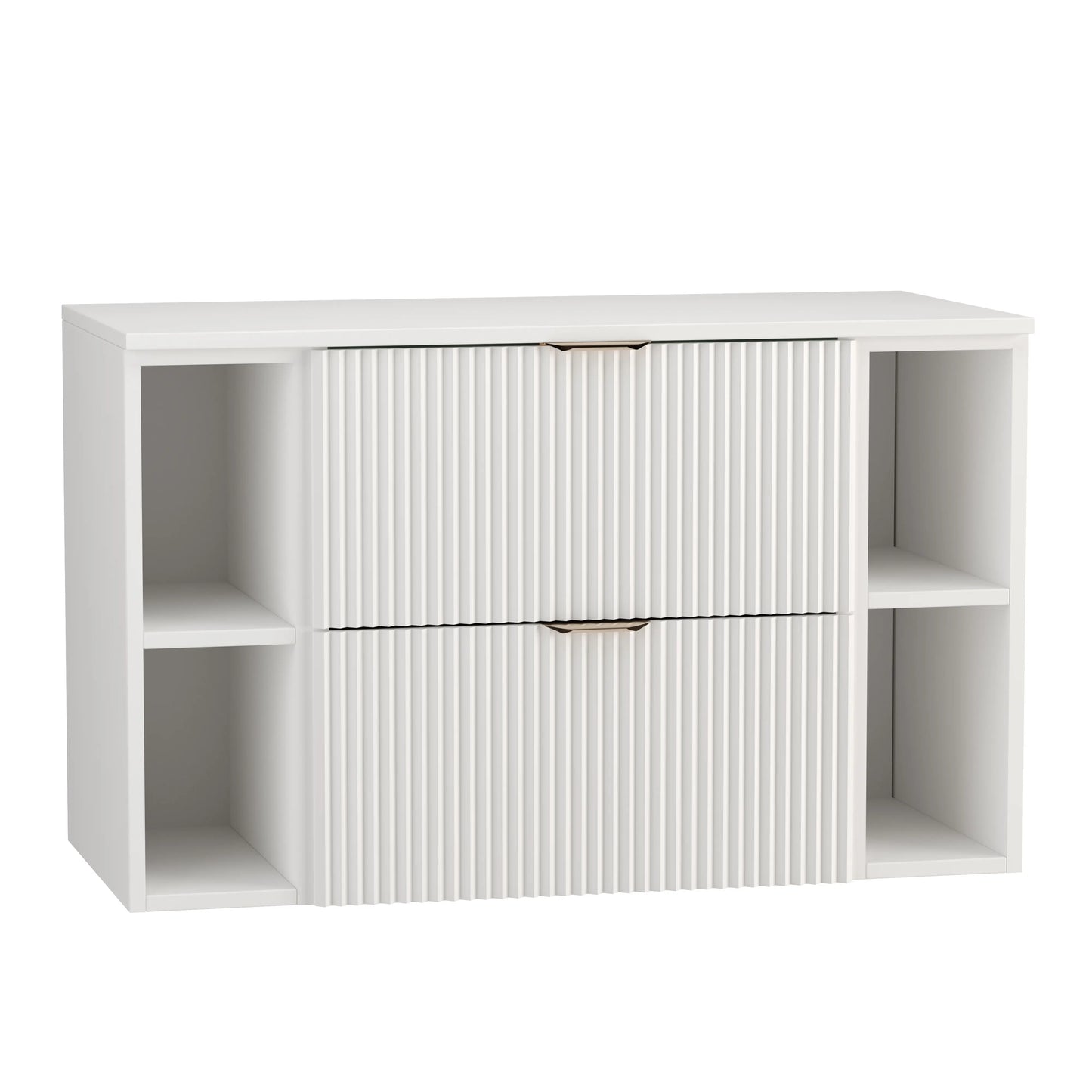 Dulap pentru lavoar Willy 100 cm complet alb, cu fronturi riflate, 2 sertare SOFT-CLOSE și mânere metalice aurii elegante.