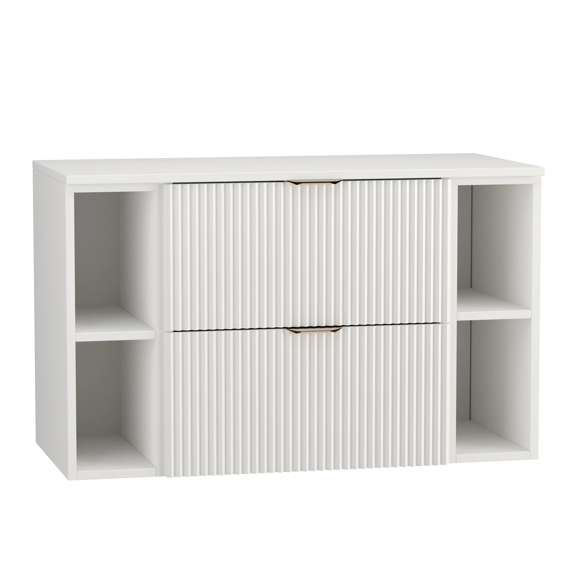 Dulap pentru lavoar Willy 100 cm complet alb, cu fronturi riflate, 2 sertare SOFT-CLOSE și mânere metalice aurii elegante.