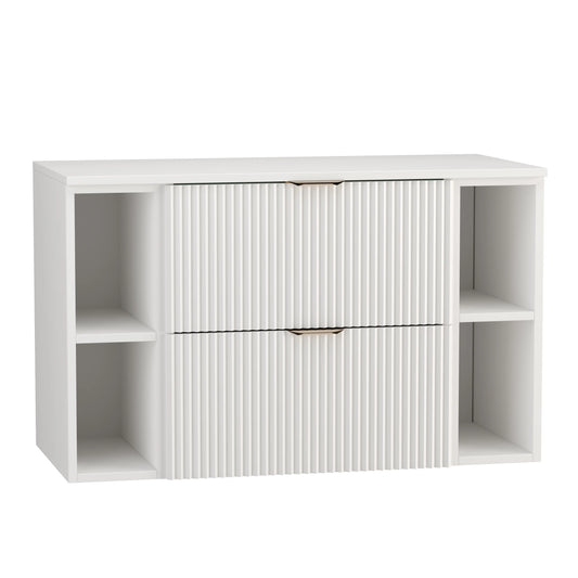 Dulap pentru lavoar Willy 100 cm complet alb, cu fronturi riflate, 2 sertare SOFT-CLOSE și mânere metalice aurii elegante.