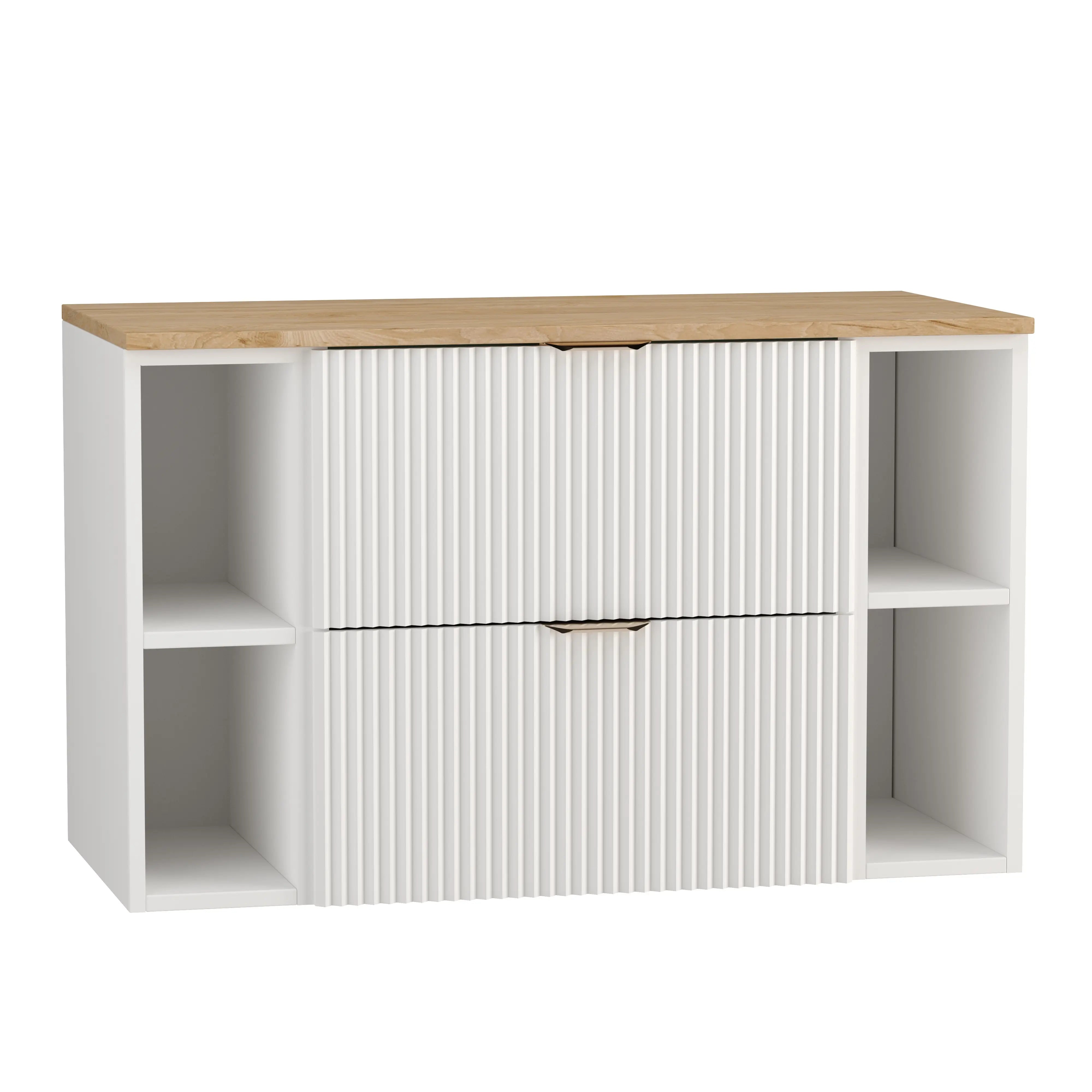 Dulap pentru lavoar Willy 100 cm Alb cu blat Nuc, fronturi riflate, sertare SOFT-CLOSE și mânere aurii elegante.