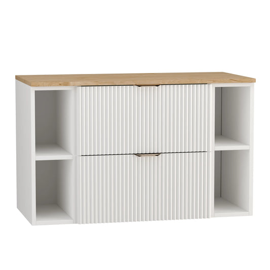 Dulap pentru lavoar Willy 100 cm Alb cu blat Nuc, fronturi riflate, sertare SOFT-CLOSE și mânere aurii elegante.