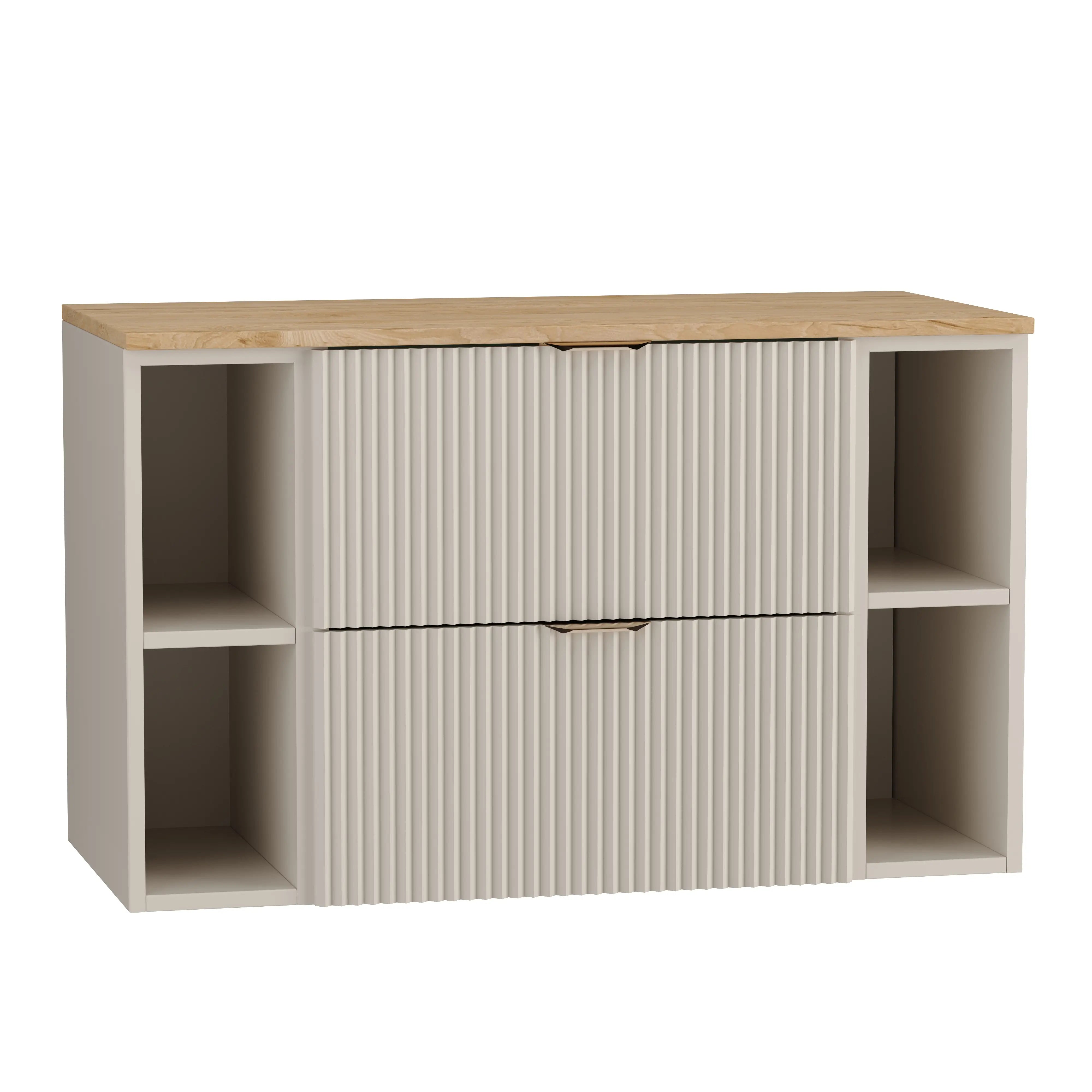 Waschtischunterschrank Willy 100 cm mit Kaschmir-Fronten, Walnuss-Arbeitsplatte, goldenen Griffen und zwei seitlichen Regalen im Badezimmer.