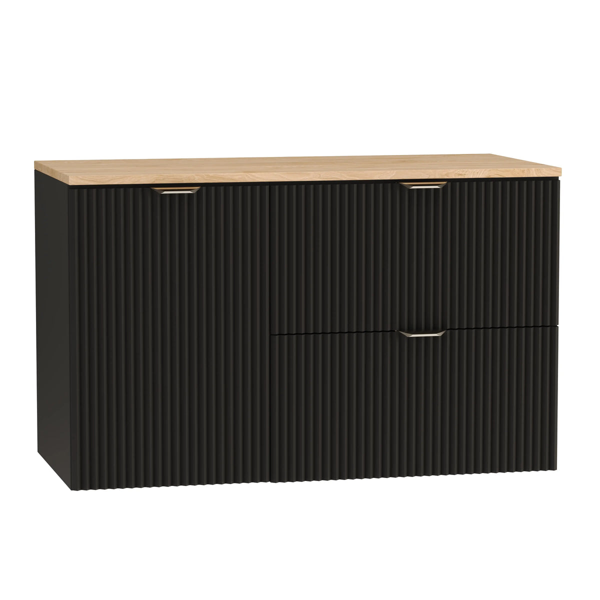 Dulap pentru lavoar 100 cm, cu cos de rufe, fronturi canelate Willy - Negru, Nuc top