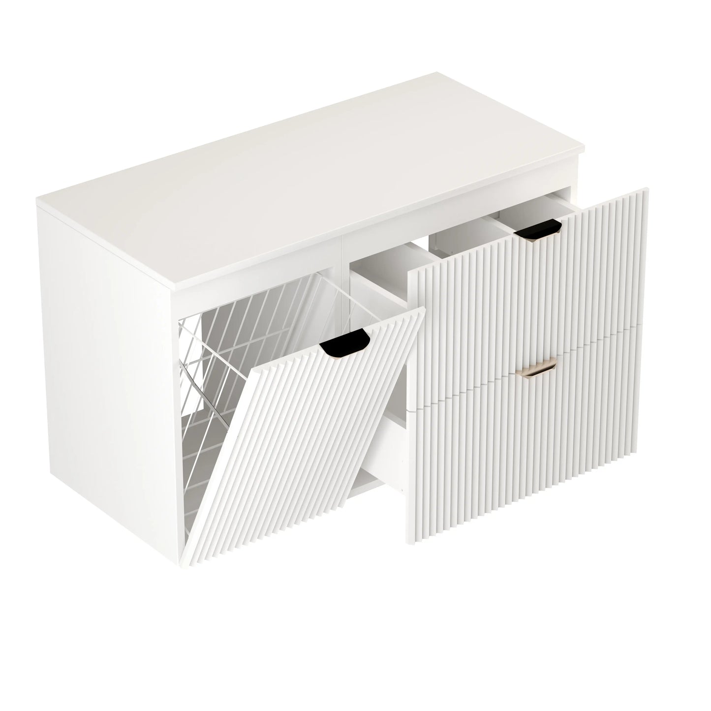 Dulap pentru lavoar 100 cm, cu cos de rufe, fronturi canelate Willy - Alb