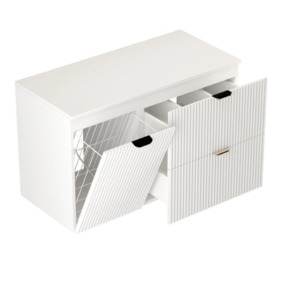 Dulap pentru lavoar 100 cm, cu cos de rufe, fronturi canelate Willy - Alb