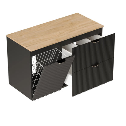 Dulap pentru lavoar 100 cm, cu cos de rufe, fronturi canelate Willy - Negru, Nuc top