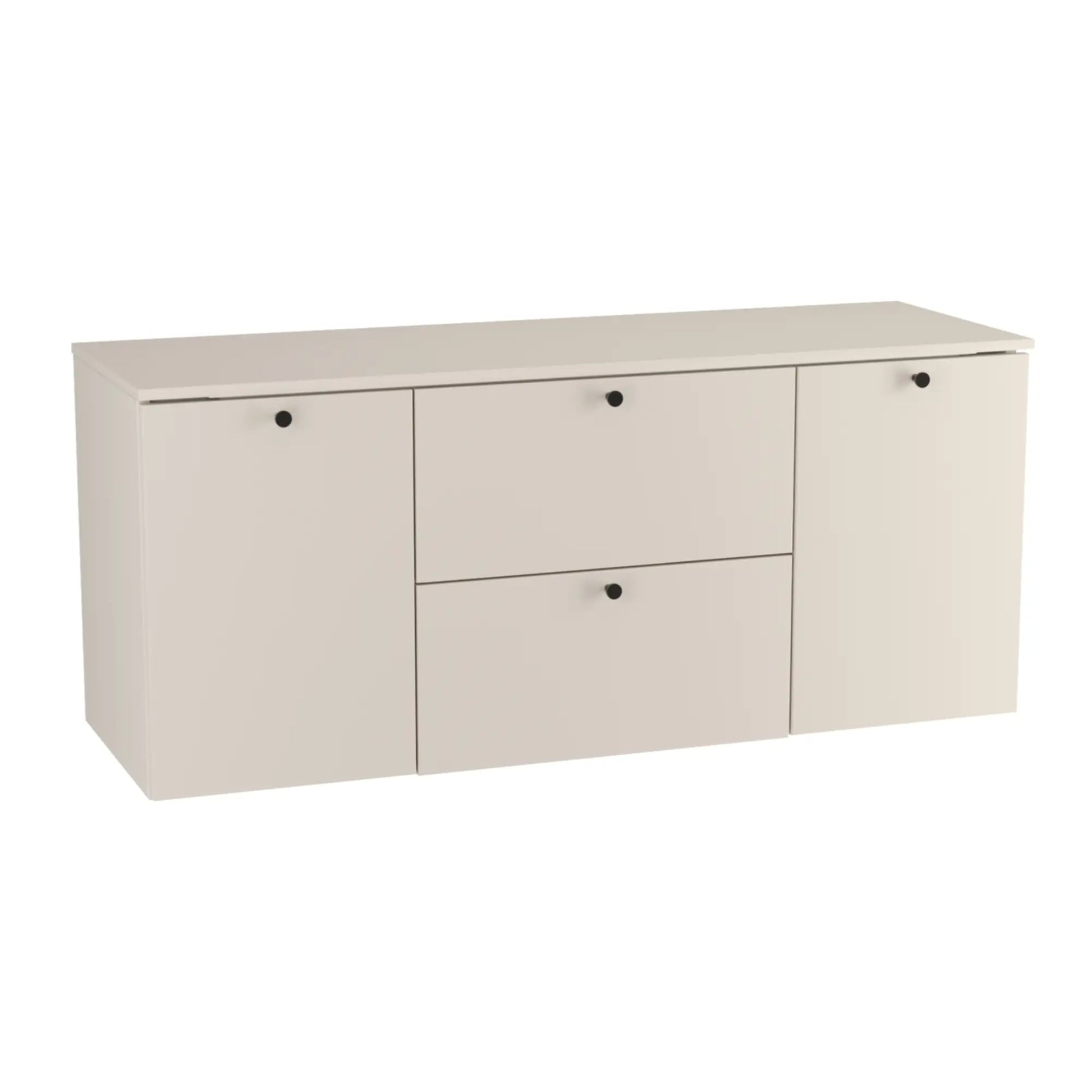 Waschtischunterschrank 140 cm, mit 2 Wäschekörben Beti - Kaschmir

Dieser Waschtischunterschrank in elegantem Kaschmir-Farbton kombiniert stilvolles Design mit hoher Funktionalität. Er bietet zwei integrierte Wäschekörbe hinter den Türen, die für eine ordentliche Aufbewahrung Ihrer Wäsche sorgen. Die glatten Fronten und die modernen, metallischen Knopfgriffe runden das minimalistische Design ab und verleihen dem Schrank eine zeitlose Eleganz. Der edle Kaschmir-Ton bringt Wärme und Raffinesse in jedes Badezi