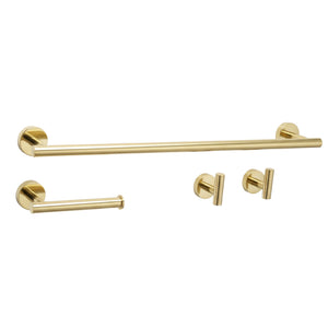 Set de accesorii pentru baie Ari din metal, finisaj auriu, cu suport pentru prosop, suport pentru hârtie igienică și două cârlige de perete.