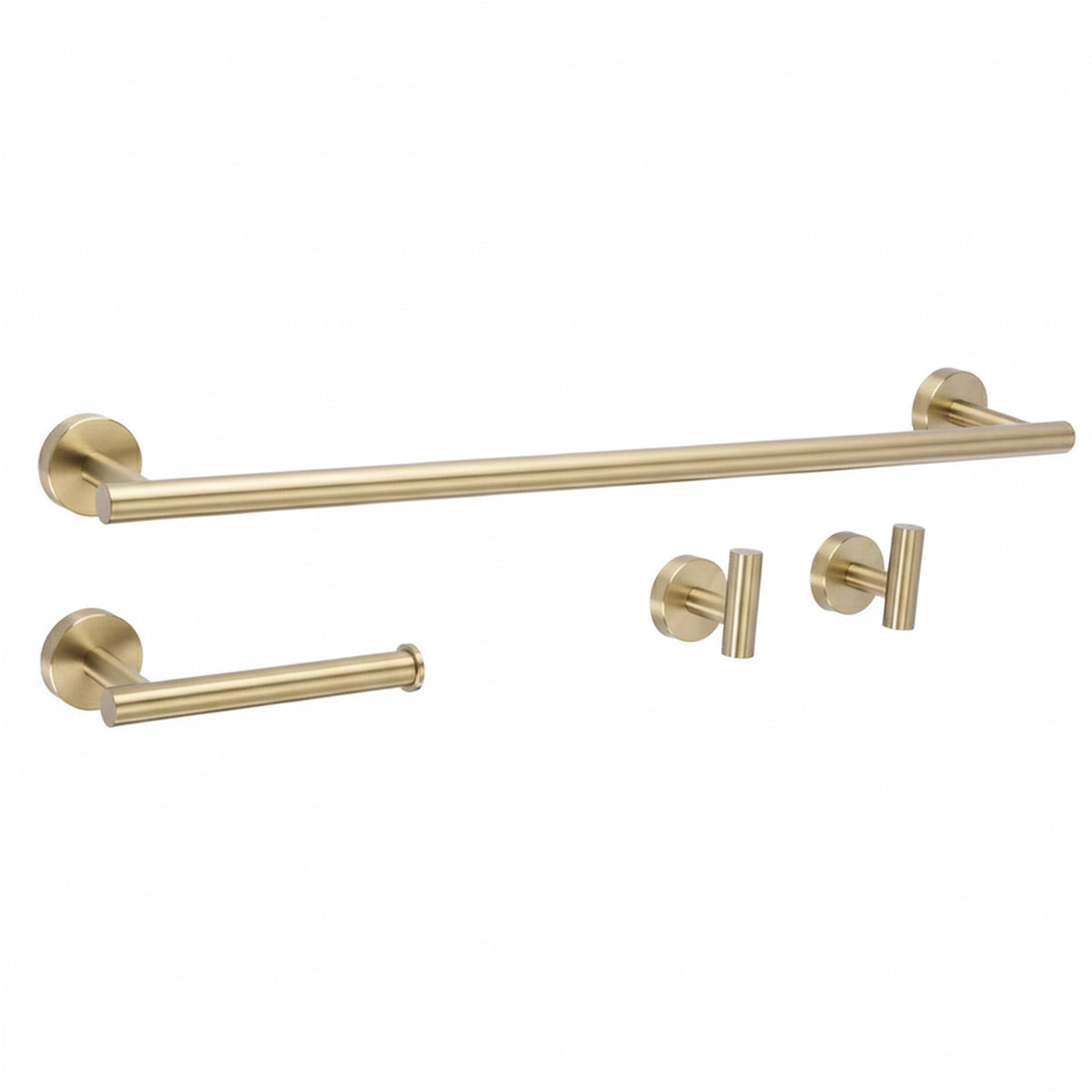 Set de accesorii pentru baie Ari din metal, finisaj auriu periat, cu suport pentru prosop, suport pentru hârtie igienică și două cârlige.