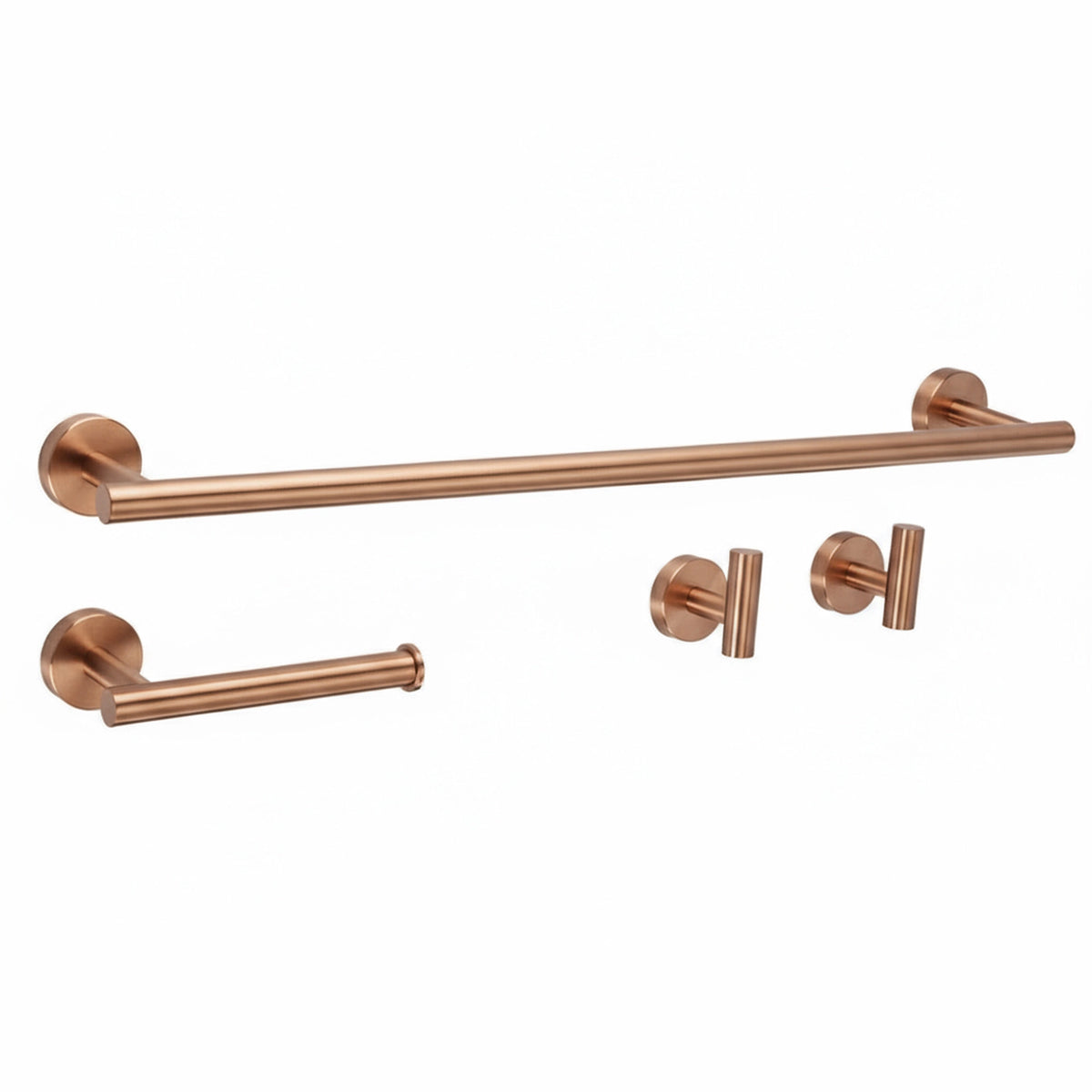 Set de accesorii pentru baie Ari din metal, cupru periat, cu suport pentru prosop, suport pentru hârtie igienică și două cârlige practice.