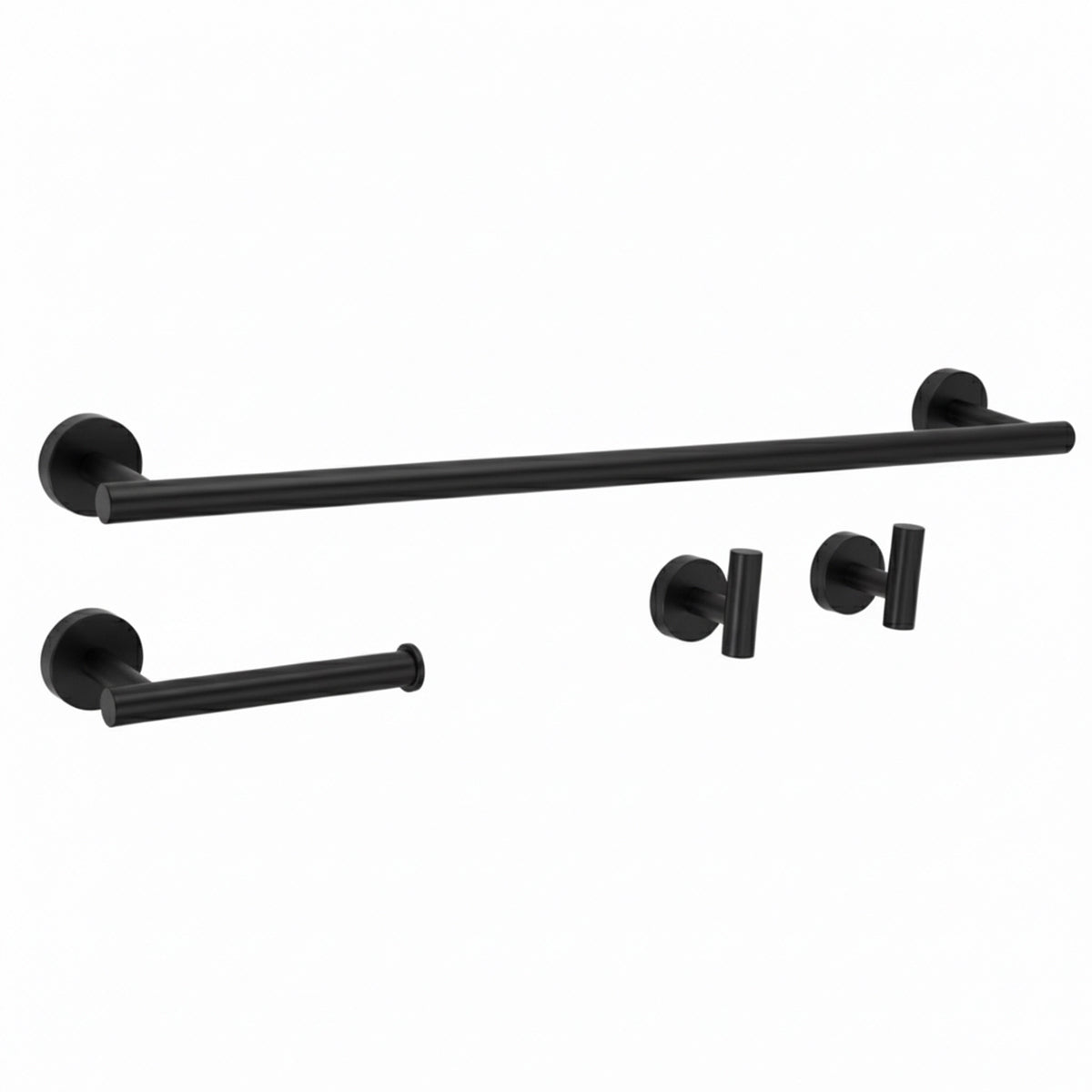 Set de accesorii pentru baie Ari din metal, finisaj negru, cu suport pentru prosop, suport pentru hârtie igienică și două cârlige de perete.