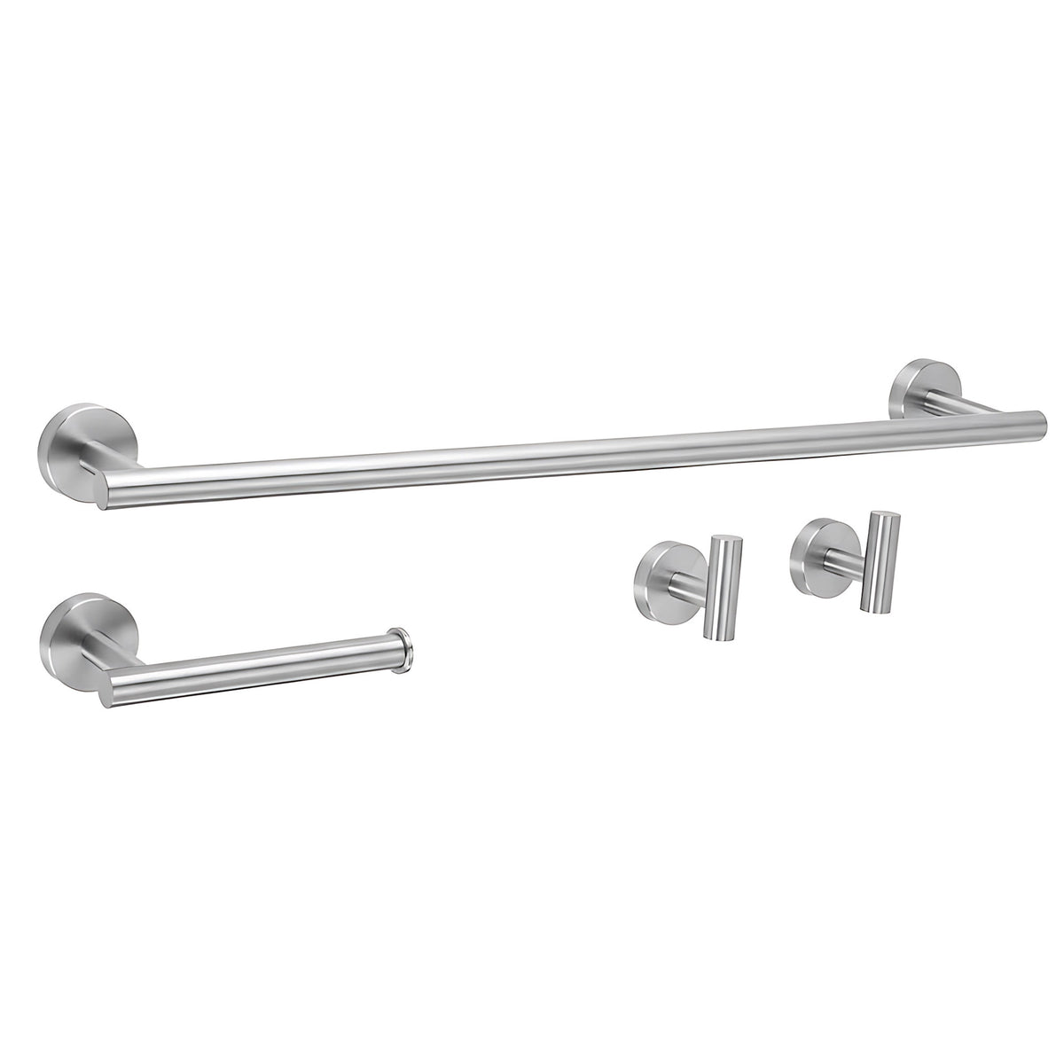 Set de accesorii pentru baie Ari din metal, finisaj nichel periat, cu suport pentru prosop, suport pentru hârtie igienică și două cârlige de perete.