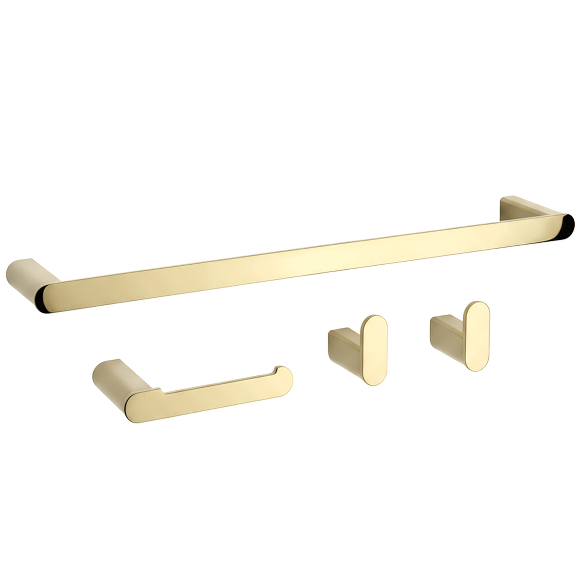Set de accesorii pentru baie Mati din metal, finisaj auriu, cu suport pentru prosop, suport pentru hârtie igienică și două cârlige practice.