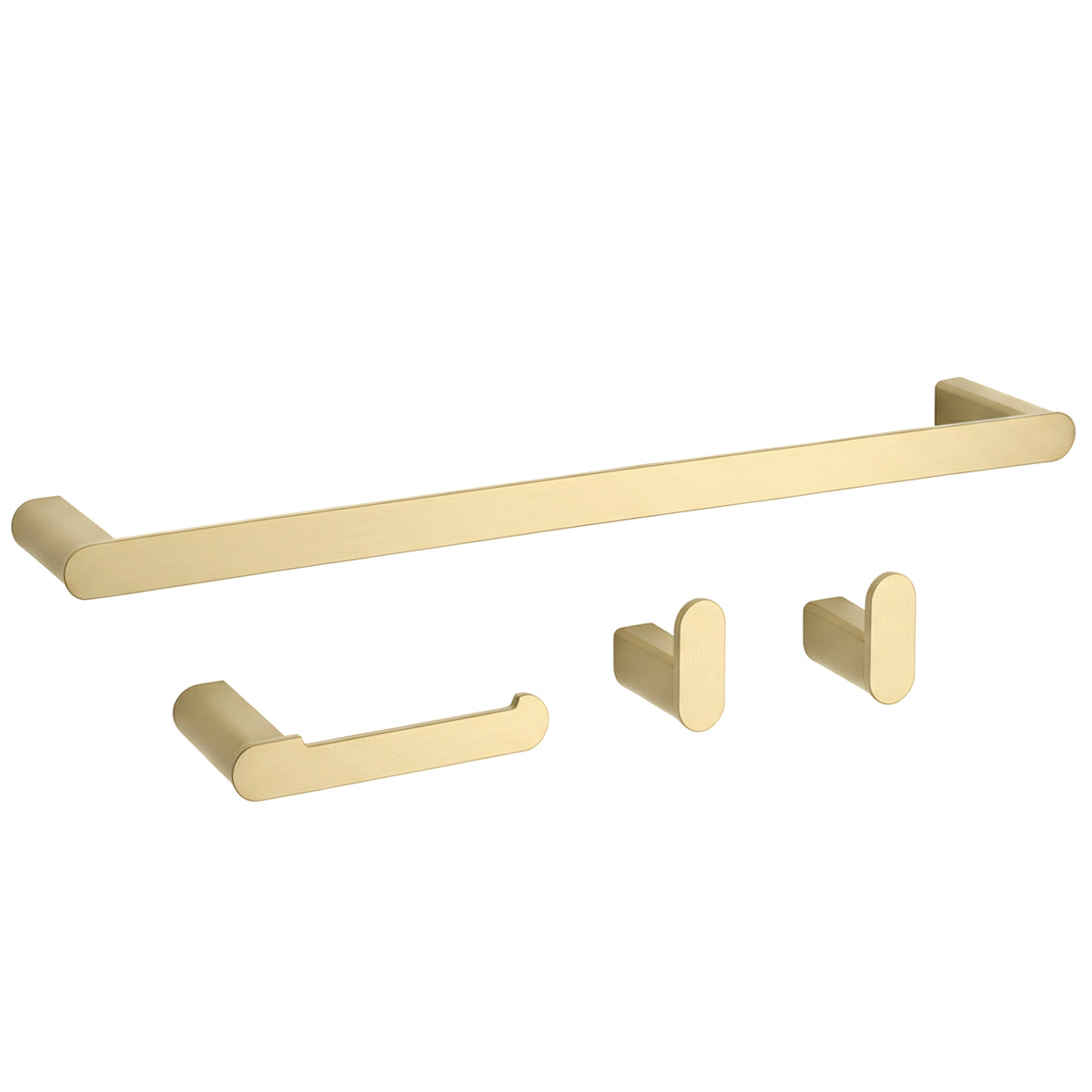Set de accesorii pentru baie Mati din metal, finisaj auriu periat, cu suport pentru prosop, suport pentru hârtie igienică și două cârlige.