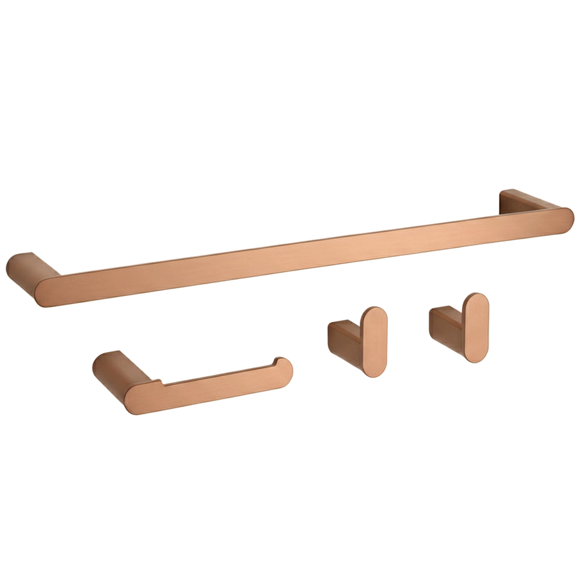 Set de accesorii pentru baie Mati din metal, finisaj cupru periat, cu suport pentru prosop, suport pentru hârtie igienică și două cârlige.
