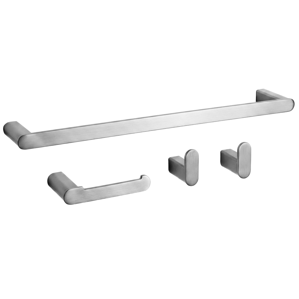 Set de accesorii pentru baie Mati din metal, finisaj nichel periat, cu suport pentru prosop, suport pentru hârtie igienică și două cârlige.