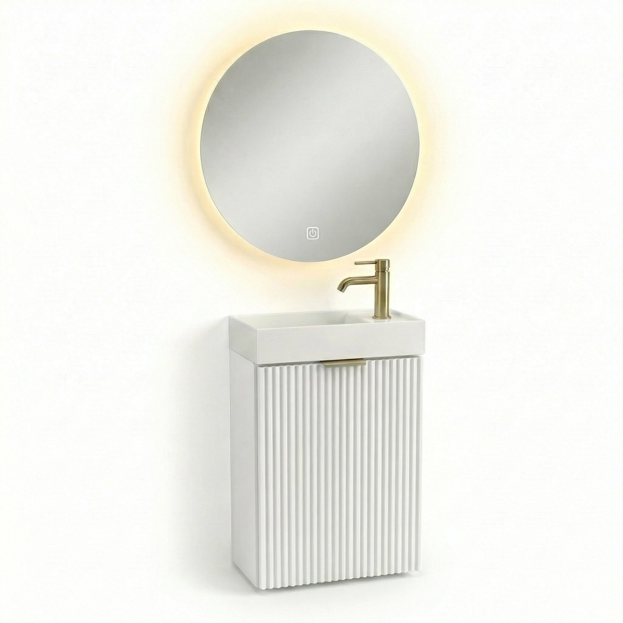 Dulap de baie Willy Alb de 40 cm cu lavoar, front striat și oglindă LED, într-o amenajare modernă și luminoasă pentru spații compacte