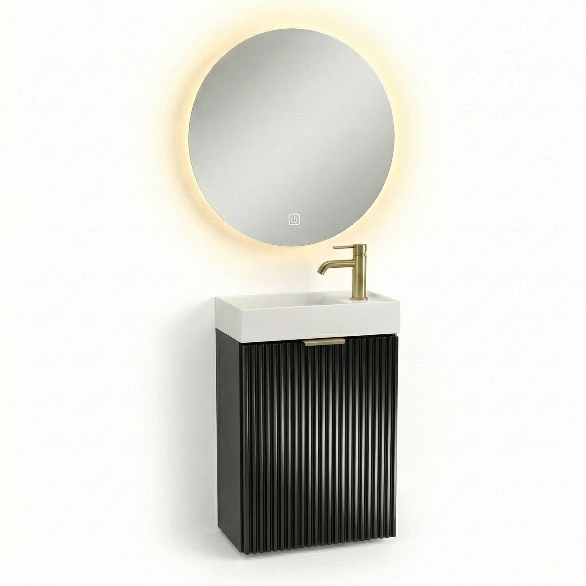 Set mobilier baie Willy Negru cu dulap pentru lavoar de 40 cm, front striat și lavoar alb, design modern și compact
