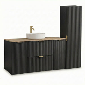 Set mobilier baie Willy Negru/Nuc cu dulap pentru lavoar de 120 cm și dulap înalt de 120 cm