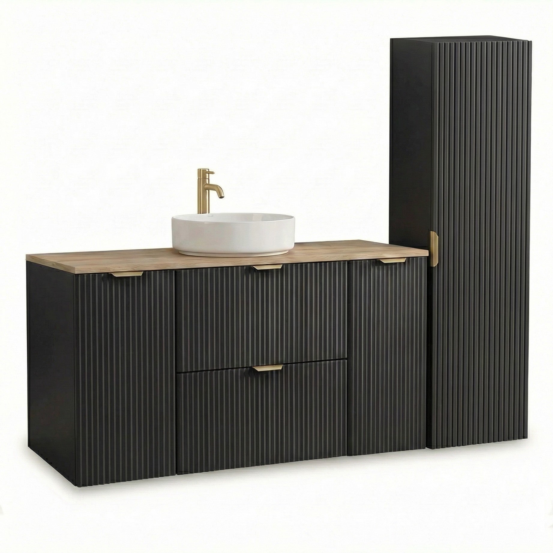 Set mobilier baie Willy Negru/Nuc cu dulap pentru lavoar de 120 cm și dulap înalt de 120 cm