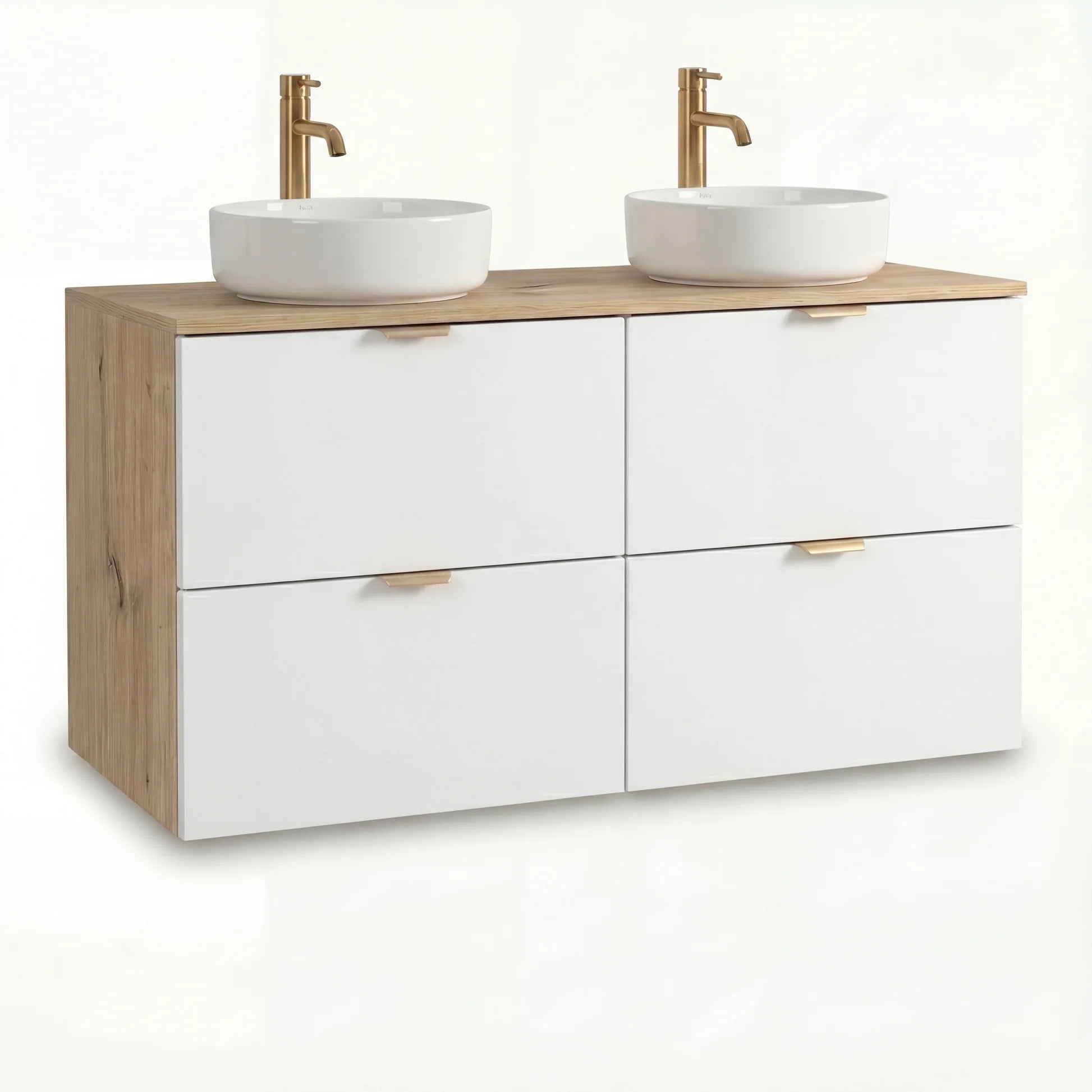 Set mobilier baie Orio Alb/Stejar Artizanal de 120 cm, cu 2 dulapuri, 4 sertare SOFT-CLOSE și blat