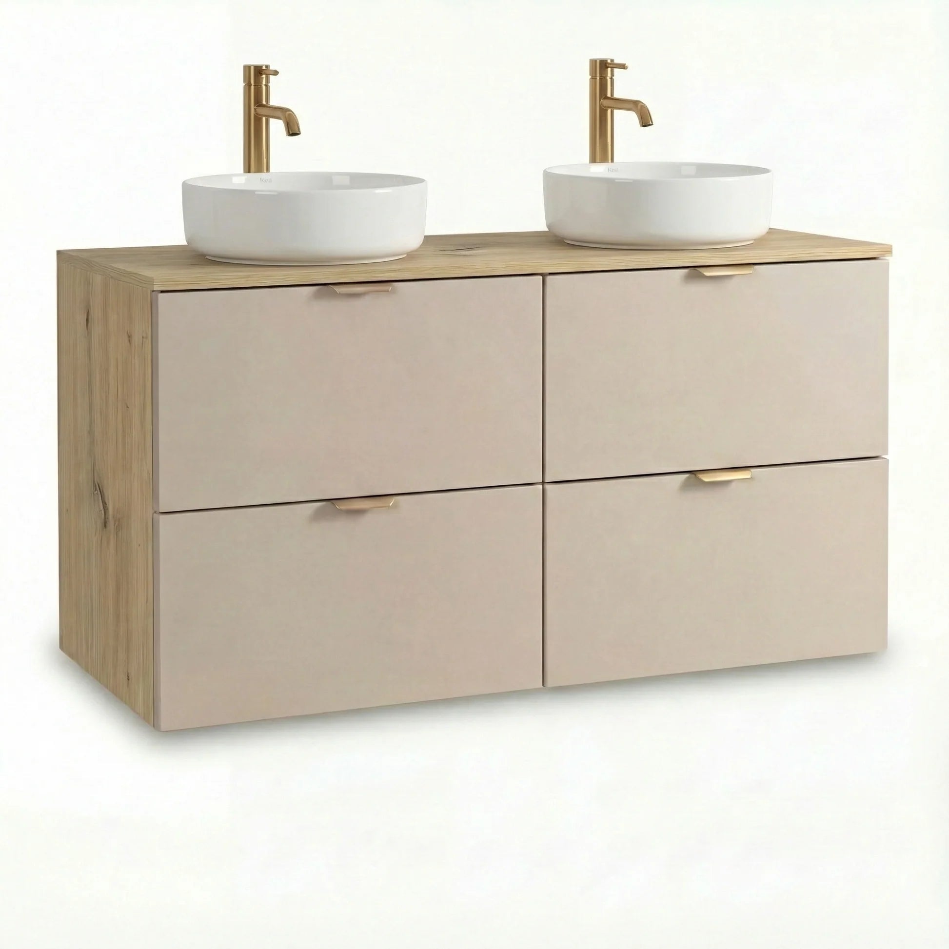 Set mobilier baie Orio Casmir/Stejar Artizanal de 120 cm, cu 2 dulapuri, 4 sertare SOFT-CLOSE și blat