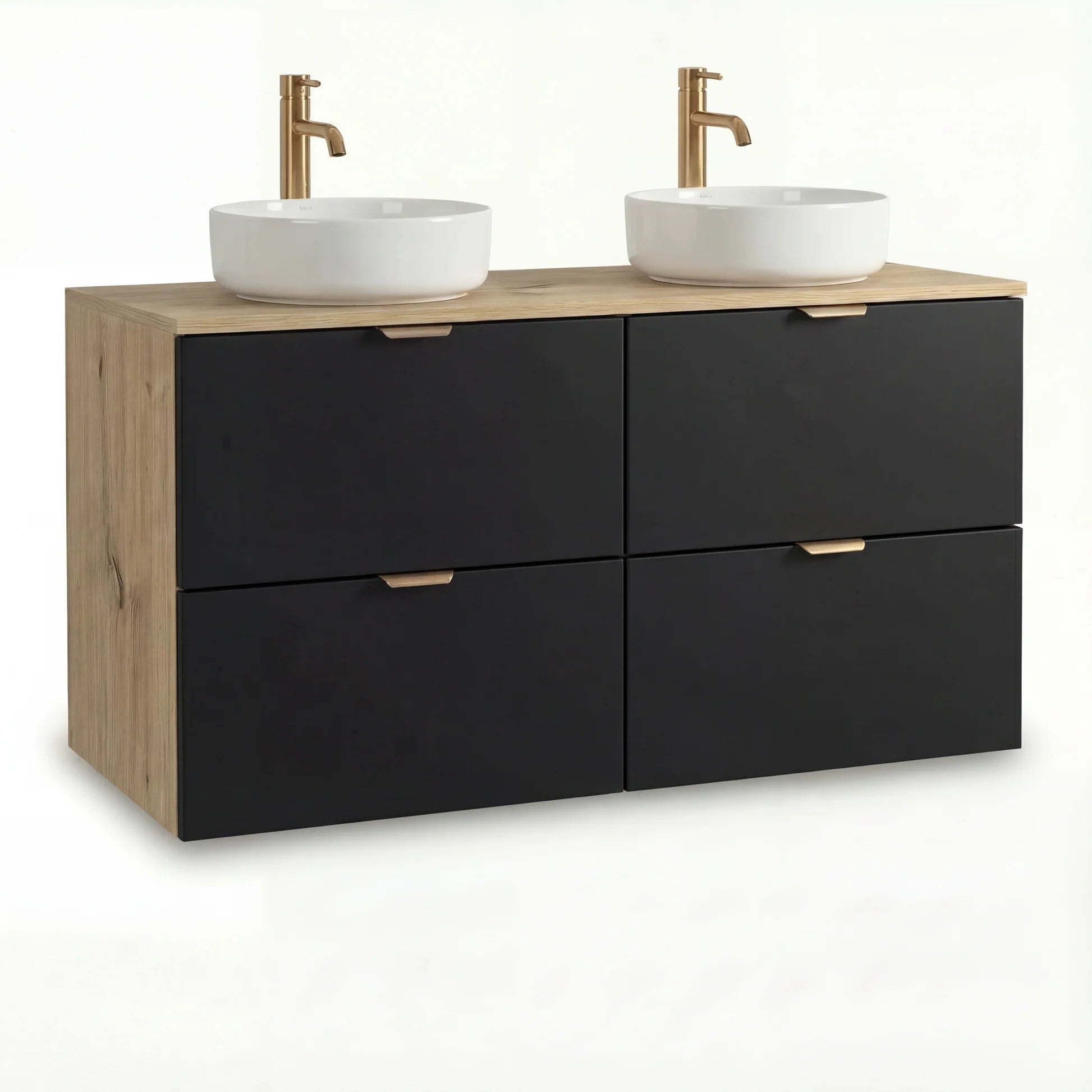 Set mobilier baie Orio Negru/Stejar Artizanal de 120 cm, cu 2 dulapuri, 4 sertare SOFT-CLOSE și blat