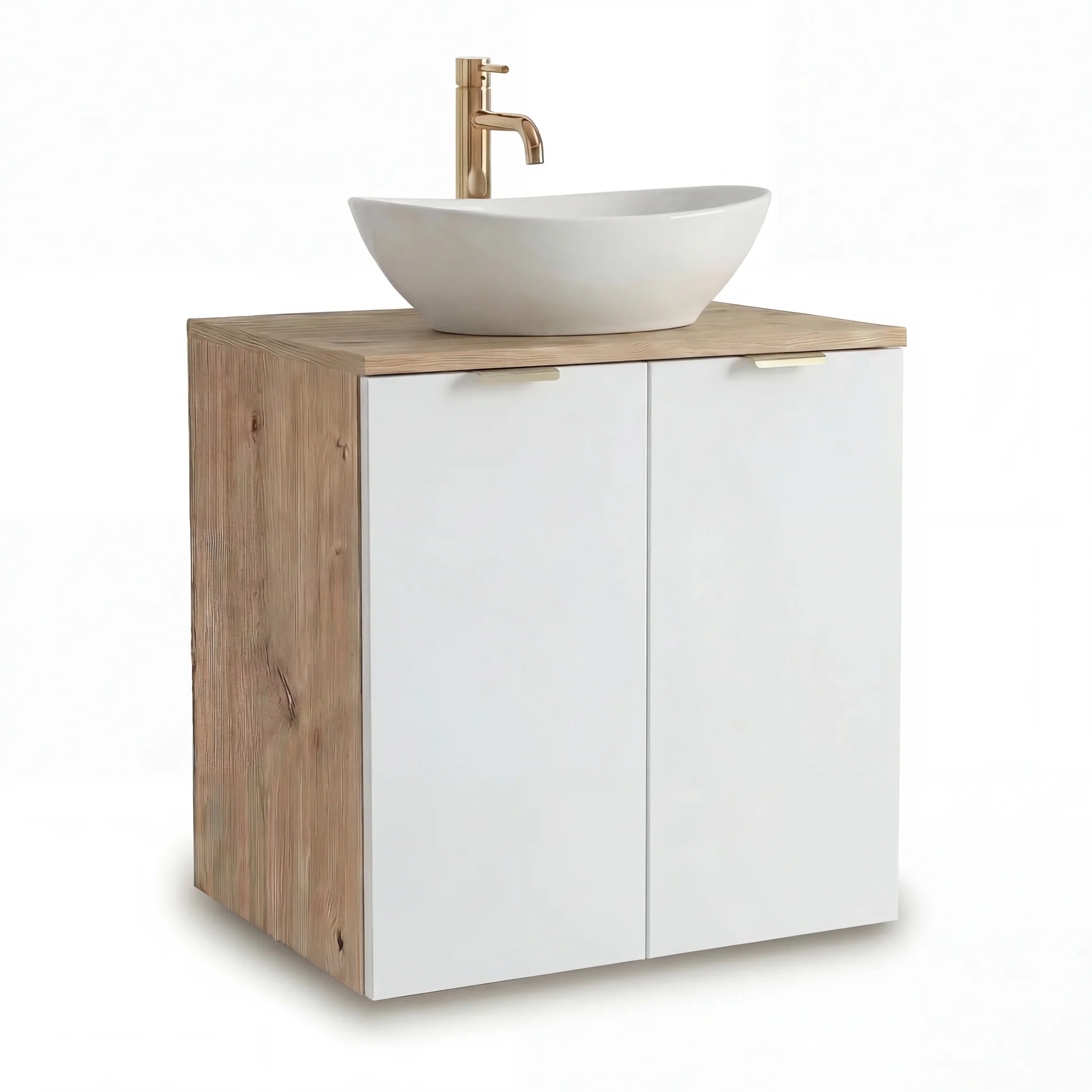 Set mobilier baie Orio Alb/Stejar Artizanal de 60 cm, cu dulap pentru lavoar cu 2 uși, poliță interioară și chiuvetă Sofia