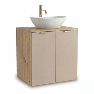 Set mobilier baie Orio Casmir/Stejar Artizanal de 60 cm, cu dulap pentru lavoar cu 2 uși, poliță interioară și chiuvetă Sofia
