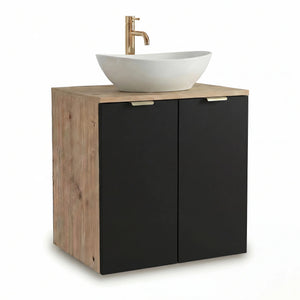 Set mobilier baie Orio Negru/Stejar Artizanal de 60 cm, cu dulap pentru lavoar cu 2 uși, poliță interioară și chiuvetă Sofia