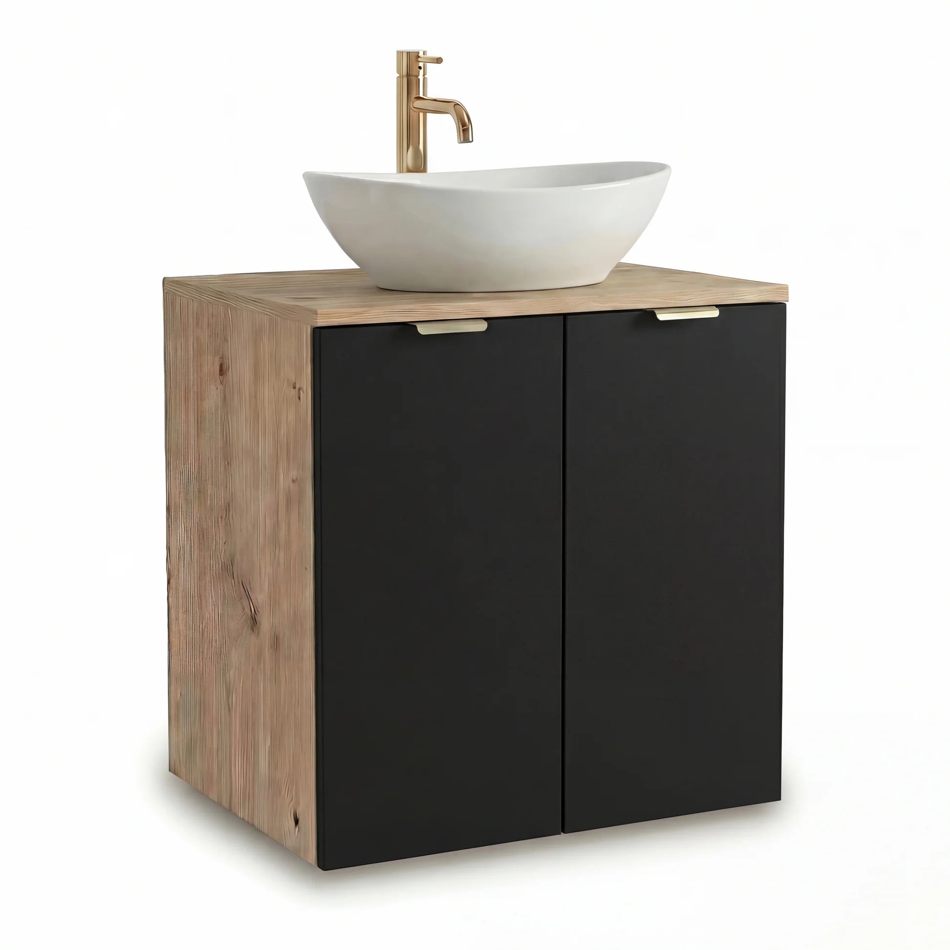 Set mobilier baie Orio Negru/Stejar Artizanal de 60 cm, cu dulap pentru lavoar cu 2 uși, poliță interioară și chiuvetă Sofia