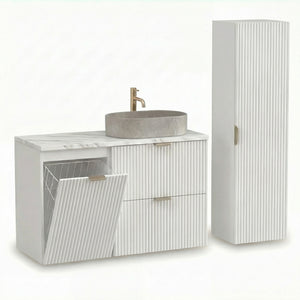 Mobilier baie Willy Alb/Marmură Albă – dulap pentru lavoar 100 cm cu coș de rufe și dulap înalt 120 cm