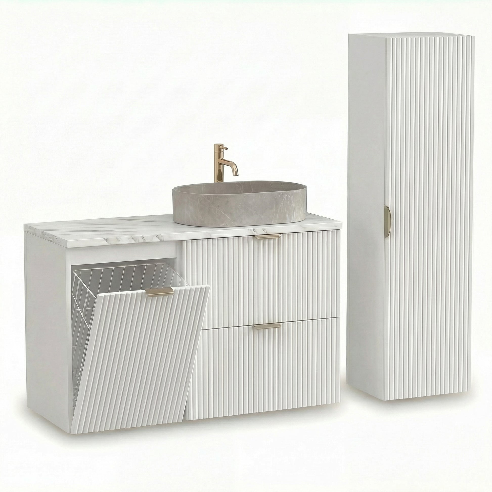 Mobilier baie Willy Alb/Marmură Albă – dulap pentru lavoar 100 cm cu coș de rufe și dulap înalt 120 cm
