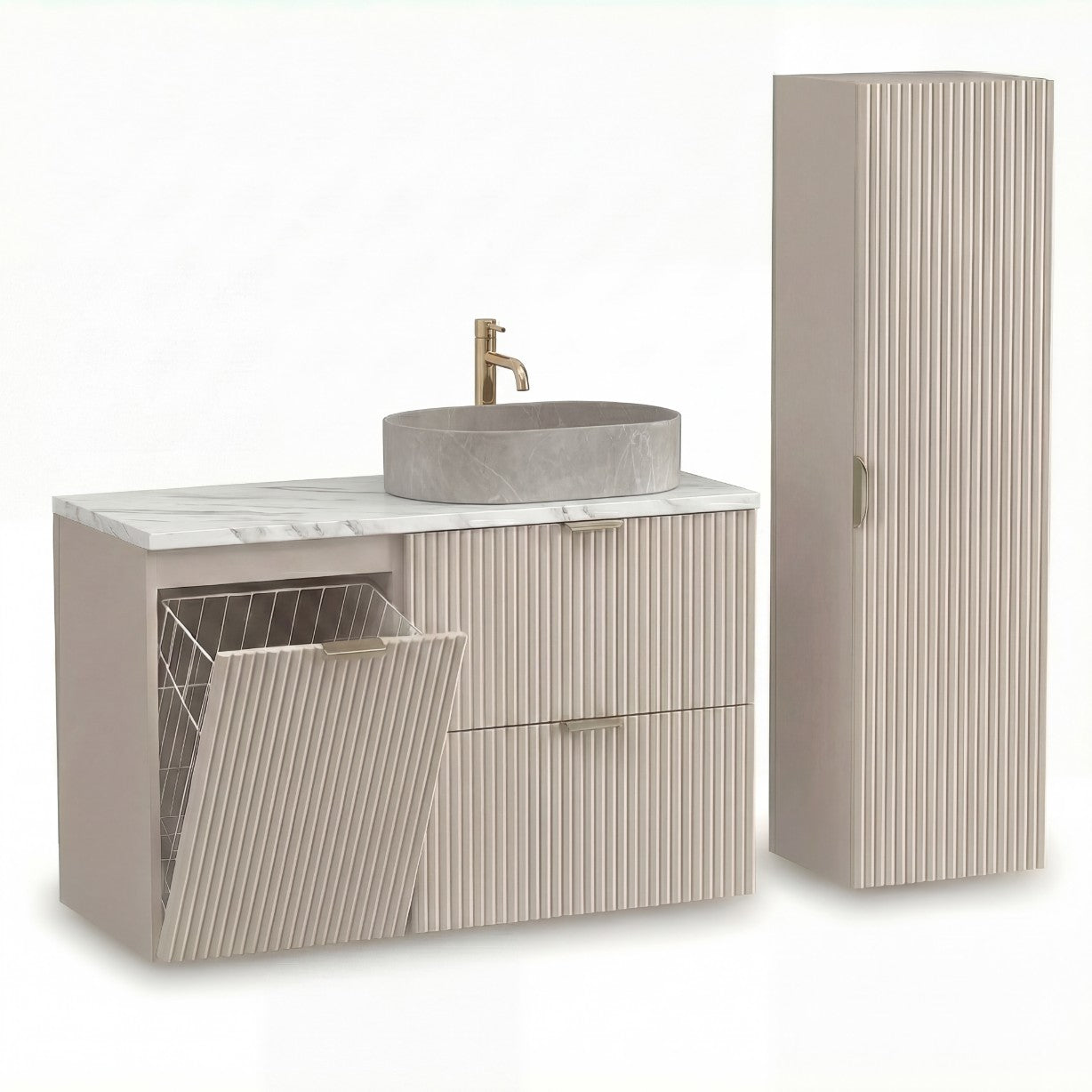 Mobilier baie Willy Casmir/Marmură Albă – dulap pentru lavoar 100 cm cu coș de rufe și dulap înalt 120 cm