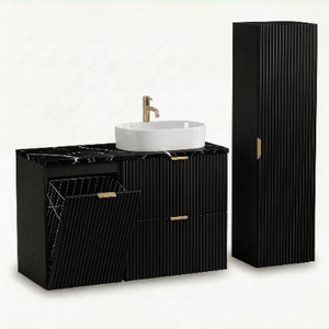 Mobilier baie Willy Negru/Marmură Neagră – dulap pentru lavoar 100 cm cu coș de rufe și dulap înalt 120 cm