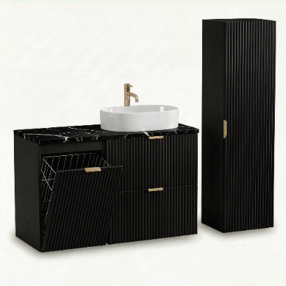Mobilier baie Willy Negru/Marmură Neagră – dulap pentru lavoar 100 cm cu coș de rufe și dulap înalt 120 cm
