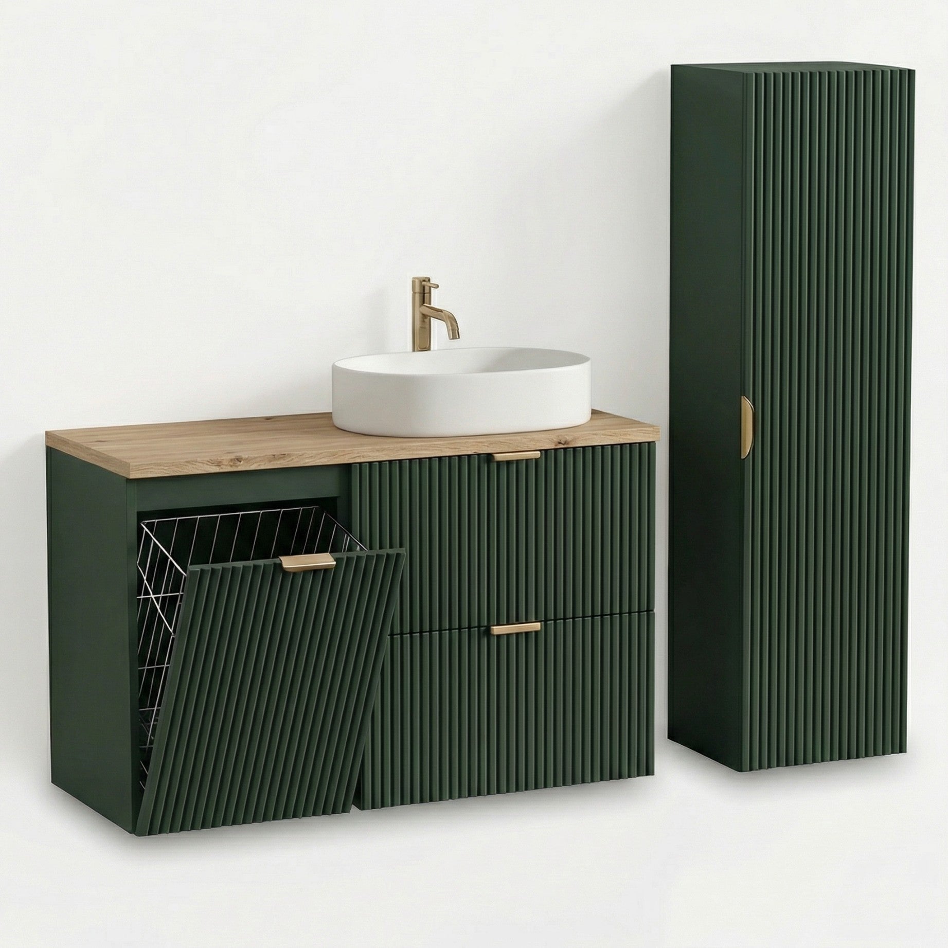 Mobilier baie Willy Verde/Nuc – dulap pentru lavoar 100 cm cu coș de rufe și dulap înalt 120 cm