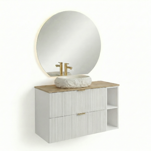 Set mobilier baie Willy Alb/Nuc de 100 cm cu dulap pentru lavoar, 2 sertare, raft lateral și blat Nuc, design modern