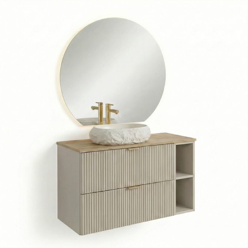 Set mobilier baie Willy Casmir/Nuc cu dulap pentru lavoar de 80 cm, raft lateral de 20 cm, blat de 100 cm și fronturi striate