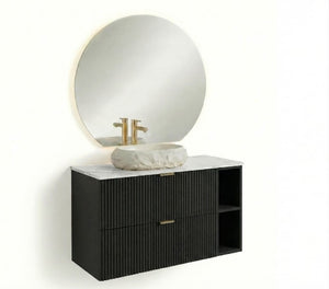 Dulap pentru lavoar Willy Negru cu blat Marmură Albă, 2 sertare și raft lateral de 20 cm, set de mobilier de baie 100 cm.