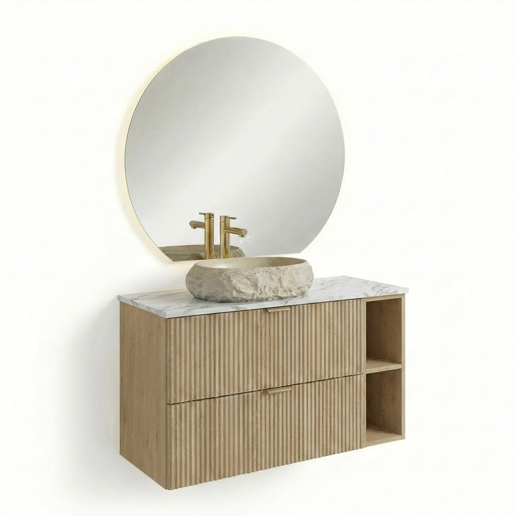 Set mobilier baie Willy Verde/Nuc de 100 cm cu dulap pentru lavoar, 2 sertare, raft lateral și oglindă LED Fabio