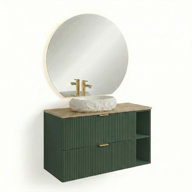 Set mobilier baie Willy Verde/Nuc de 100 cm cu dulap pentru lavoar, 2 sertare, raft lateral și blat Nuc
